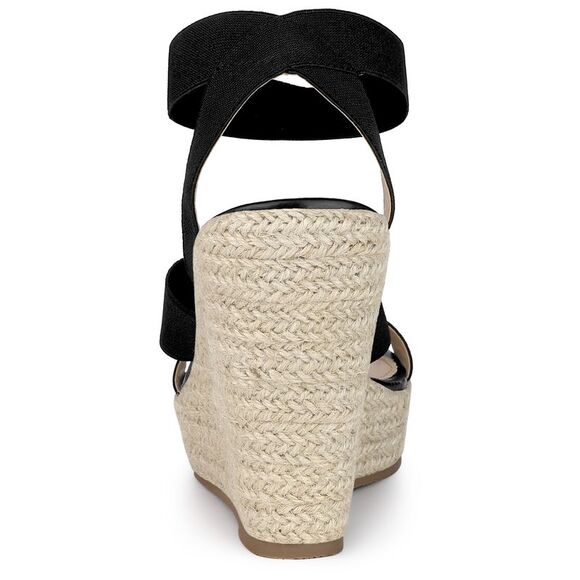 Women's Platform Slingback Elastic Strap Espadrille Wedges Heel Sandals Black - Picture 3 of 5